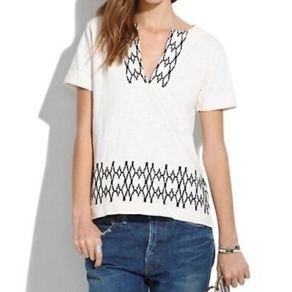 J.Crew Women's Embroidered Box Stitch Slub White Tee - XXS